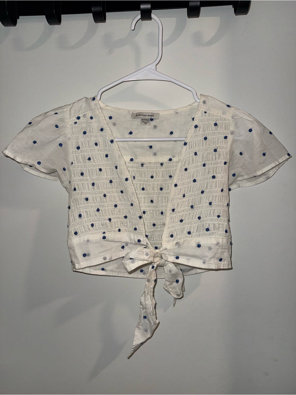 American Eagle Outfitters White Cropped Tie-Front Top with Blue Dot Embroidery
